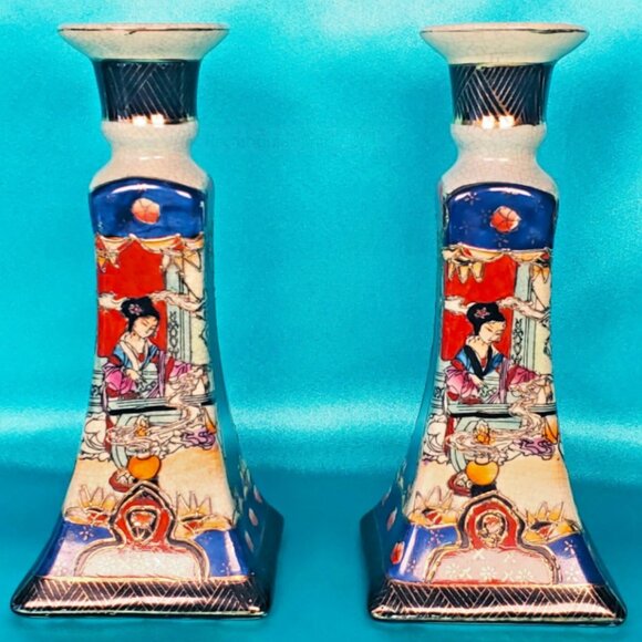 Satsuma Candlestick Holders, Elegant Geisha Design, Japan - Picture 1 of 7